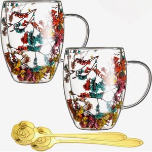 Dubbelwandige Koffieglazen Set van 6x Met Oor en Gratis 6x Lepels - 400ML - Handgemaakt Glas - Echt Gedroogd Bloemenglas - Latte Macchiato Glazen - Dubbelwandige Theeglazen - Cappuccino Glazen - Koffieglazen