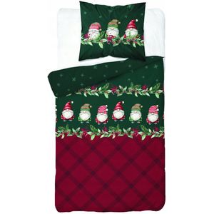 Kerst Flanel Dekbedovertrek 140x200cm - Rood & Groene Kabouter