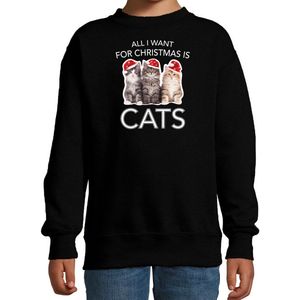 Kitten Kerstsweater / Kerst trui All I want for Christmas is cats zwart voor kinderen - Kerstkleding / Christmas outfit 122/128