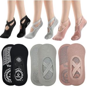 Antislip-sokken, 3 paar, sokken voor yoga en pilates voor dames en meisjes, trainingssokken met grip, vloersokken, antislip nopjes en bandjes, eenheidsmaat, ademend voor fitness en ballet