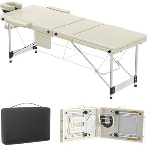 Aufun Mobiele Massagetafel, 3-Zone Opvouwbare, In Hoogte Verstelbare Aluminium Massagetafel, Massagetafel en Beautystoel, Ruim en Draagbaar, Inclusief Accessoires, Hoofdsteun, Armleuningen en Draagtas, Beige