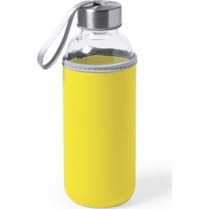 Glazen waterfles/drinkfles met gele softshell bescherm hoes 420 ml - Sportfles - Bidon