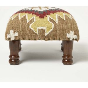 Homescapes - Kelim Kruk - Gestoffeerde Kruk - Bruin Geel Rood - Echte Kelimhoes