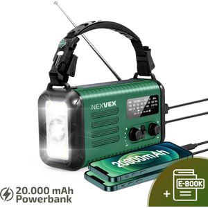 Nexvex® Pulse 2X Noodradio Powerbank 20000mAh - Solar Powerbank Zonneenergie - Noodpakket - Survival Kit Kamperen - Militaire Zaklamp LED Oplaadbaar - Draagbare Radio Wandelen - Leeslamp - Nood Kompas - Opwindbaar - Zonnepaneel - Noodrantsoen - Groen