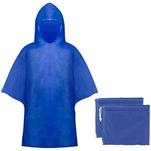 Kinder regen poncho - 2x - pvc - blauw - in zakje - vanaf 4 jaar - noodponcho met capuchon