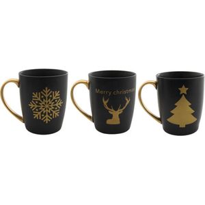 Tavola Kerstmokken Mat Zwart Goud Hoogwaardig Aardewerk - 350ml - 3 stuks