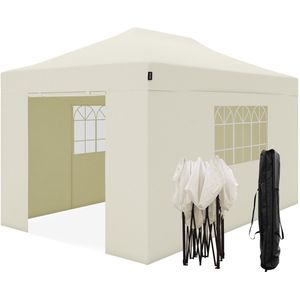 LifeGoods Partytent - Paviljoen - 3x4.5 m - Zijwanden - Easy Up - Opvouwbaar - Waterdicht - Draagtas met Wieltjes - Beige
