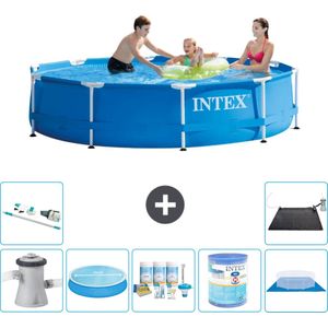 Intex Rond Frame Zwembad - 305 x 76 cm - Blauw - Inclusief Pomp Solarzeil - Onderhoudspakket - Filter - Grondzeil - Stofzuiger - Solar Mat