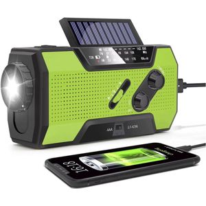 Proun Noodradio - met Powerbank op Zonneenergie - 4.000mAh - Solar opwindbaar - Noodpakket met SOS-signalering - Zaklamp - Draagbare Radio op Batterijen - Groen - Denk vooruit