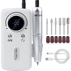 Polijstvijl 45000 RPM Elektrische Nagelfrees, Draagbaar met LCD-scherm 6 metalen polijstkoppen, roze/wit/paars