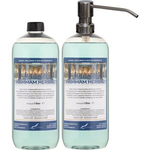 Handzeep Hammam Herbal 1 liter - set van 2 stuks - met gratis RVS zilverkleurige pomp - Voordeelverpakking