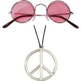 Widmann - Hippie Flower Power verkleed set peace ketting en ronde roze glazen party bril