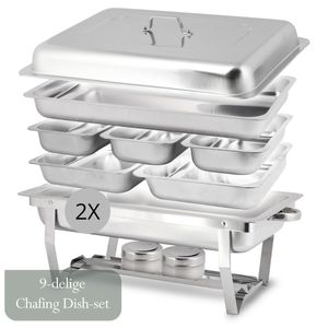 Zanora® Chafing Dish Set - 2X - 9-Delig - Warmhoudschalen - Roestvrij Staal - Buffetwarmer - 9 Liter - Incl. 2 GN Bakken