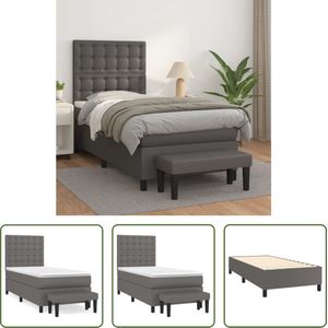 The Living Store Boxspring Bed Grijs Kunstleer 203x100x118/128cm + Matras 100x200x20cm + Topmatras 100x200x5cm + Bank 70x30x30cm