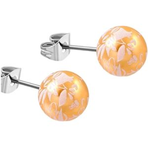 Aramat Jewels - Bloemen Serie - Ronde Pareloorbellen - Zilverkleurig Staal - 6mm - Oranje - Dames - RVS - Elegante Bloemen Oorbellen - Stijlvol Accessoire - Perfect Cadeau voor Feestdagen - Bloem oorstekers