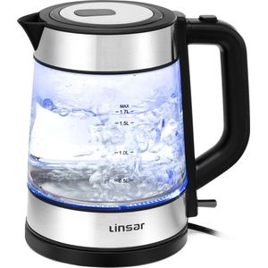 Linsar - Waterkoker - Borosilicaatglas - 1,7 liter - BPA-vrij - STRIX-verwarmingssysteem - Blauwe LED-verlichting, snelkookfunctie, kalkfilter, automatische uitschakeling en droogbeveiliging - 2200