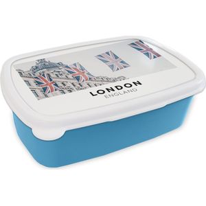 Broodtrommel Blauw - Lunchbox - Brooddoos - Engeland - Londen - Vlaggen - 18x12x6 cm - Kinderen - Jongen