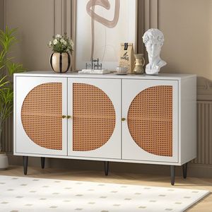 KOMHTOM Dressoir met 3 rotan deuren Ladekast met metalen handgrepen voor woonkamer bureau Wit