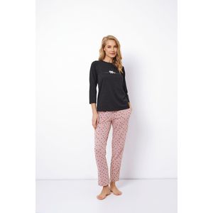 Warme dames pyjama Dionella-top met print-broek met hartjes-katoen & modal-donkergrijs/roze-maat L