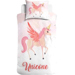 1-persoons meisjes dekbedovertrek (dekbed hoes) wit met pastel roze (zalm) unicorn (eenhoorn / pony / paard) met ijsje KATOEN eenpersoons 140 x 220 cm (beddengoed kinderkamer / meidenkamer)