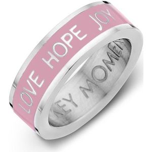 Key Moments Color 8KM R0014 50 Stalen Ring met Tekst - Love Hope Joy - Ringmaat 50 - Cadeau - Zilverkleur / Roze