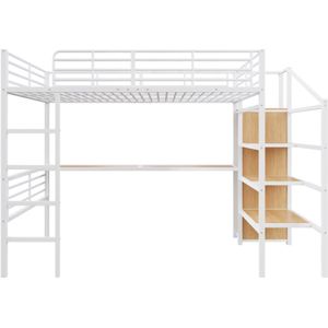 Gotagee Hoogslaper, 140x200cm, Zonder matras, bureau, open kledingkast, opbergruimte, ijzeren frame, wit
