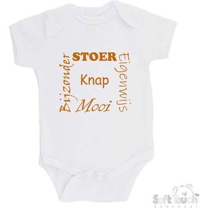 100% katoenen Romper ""Stoer Eigenwijs Mooi Bijzonder Knap"" Unisex Katoen Wit/tan Maat 62/68