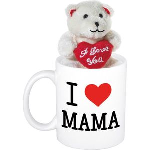 Moeder cadeau I Love Mama beker / mok 300 ml met beige knuffelbeertje met love hartje - Moederdag cadeautje