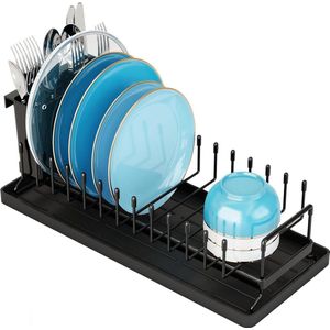 Compact afdruiprek voor kleine schotels en bestek - Roestvrijstalen afdruiprek met siliconen droogmat zwart - Ruimtebesparend platenrek voor gootsteen dish drying rack