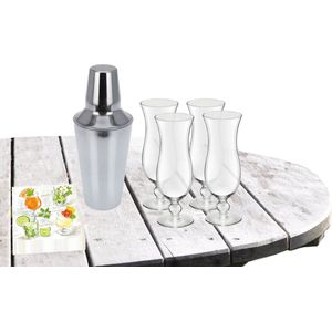 Cocktailshaker 500 ML met 4x Cocktailglazen Hawaii 440 ML en 20x thema servetten