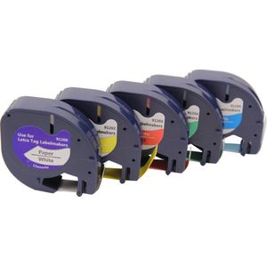 KATRIZ® huismerk label tape voor Dymo | 1x 91200(Zwart op Wit) + 1x 91203(Zwart op Rood) + 1x 91205(Zwart op Blauw) + 1x 91202(Zwart op Geel) + 1x 91204(Zwart op Groen) | 12mm*4m | 5 stuks