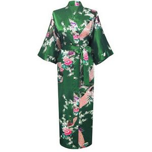 KIMU® Kimono Donker Groen 3/4 - Maat XL-XXL - Yukata Satijn Onder de Knie - Driekwarts Donkergroene Ochtendjas Japanse Kamerjas Sexy Satijnen Badjas Sinterklaas Kado