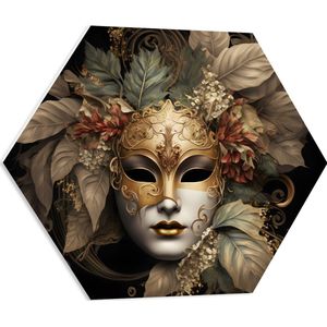 PVC Schuimplaat Hexagon - Venetiaanse carnavals Masker met Gouden en Beige Details tegen Zwarte Achtergrond - 60x52.2 cm Foto op Hexagon (Met Ophangsysteem)