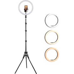 LED Ringlamp met Verstelbaar Statief (56 tot 160cm) - Inclusief Telefoonhouder en Bluetooth Afstandsbediening - TikTok Lamp - Selfie Ringlight voor TikTok / Instagram / Youtube - Make-Up Ring Light - Studiolamp