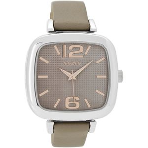 OOZOO Timepieces - Zilverkleurige horloge met taupe leren band - C9182