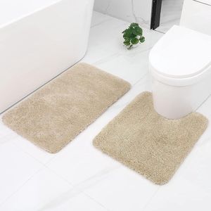 Badkamertapijtset 2-delige wc-mat met uitsparing, set badmatten, antislip, wasbaar, hoogpolig, microvezel, badmatset - 50 x 60 cm + 50 x 80 cm, beige