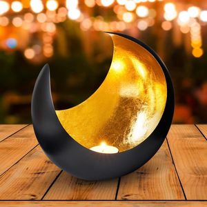 Marokkaanse metalen windlamp in de vorm van de maan, 20 cm; oosterse vintage theelichthouder, zwart van buiten en zilver- of goudkleurig van binnen; decoratief