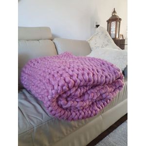 HugoElena Handgemaakt Chunky gebreide deken - Biologische merinowol - Super zacht - Anti-allergie - Chunky - Gebreide plaid - Dikke deken - Moederdag cadeau - Roze