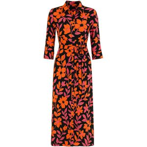 Angelle Milan Maxi Jurk – Zwart-Oranje Bloemenjurk met Ceintuur - M