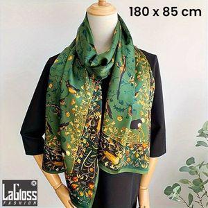 LaGloss® Luxe XL Bohemian Sjaal Groene Vogels - Winddicht & Zonbeschermend - Groen Kleurblok - 180 x 85 cm %%