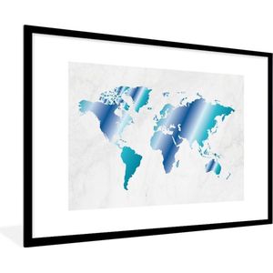 Fotolijst incl. Poster - Wereldkaart - Blauw - Marmer - 120x80 cm - Posterlijst