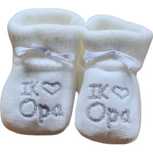 Kraamcadeau  - Newborn Slofjes - I love Opa - Wit -  0-6 maanden - Eerste baby schoentjes