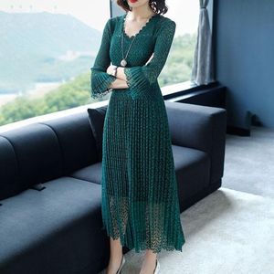 Mode-stijl lange mouwen slanke kanten jurk (kleur: donkergroen maat: one size)-Groen