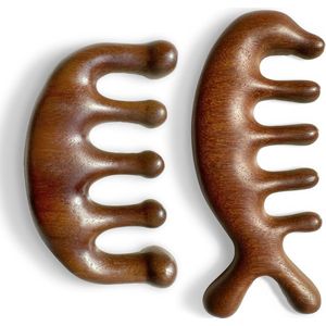 2 stuks massagekam van hout met brede tanden, hoofdmassagekam, houten massagekam, ronde tandkam, verlicht vermoeidheid 100% natuurlijk goudkleurig sandelhout