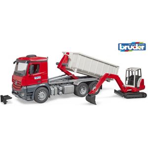 Bruder - MB Actros Truck with Roll-off container + Schaeff HR16 Mini Excavator (BR3624)