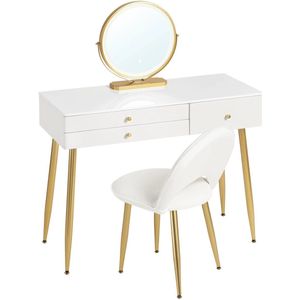 Make-Up Tafel - Kaptafel Set met Verlichte Spiegel – Verstelbare LED – Make-up Tafel met 3 Lades - Fluwelen Stoel – Moderne Slaapkamermeubel - Tafel 100x40x122cm - Stoel 44x47x80cm - Wit