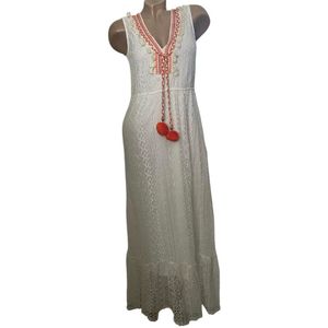 Dames Boho - Kant - Maxi-Jurk Kaftan-Jurk S/M wit/oranje