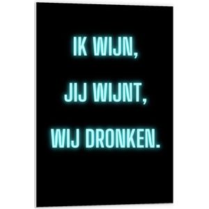 Forex - Tekst: ''Ik Wijn, Jij Wijnt, WIj dronken'' Neon Letters Blauw/Zwart - 60x90cm Foto op Forex