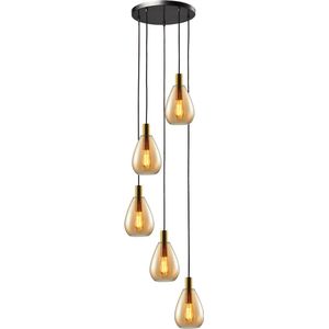 Moderne Hanglamp Dorato | 5 lichts | goud / zwart | glas amber / metaal | Ø 18,5 cm | in hoogte verstelbaar tot 320 cm | eetkamer / eettafel lamp / woonkamer | modern / sfeervol design | getrapt