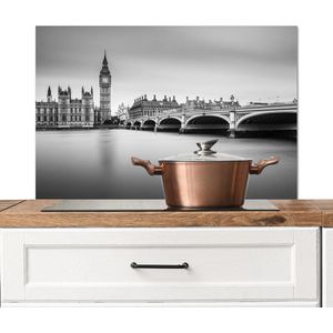 Spatscherm keuken 90x60 cm - Kookplaat achterwand Londen - Big Ben - Water - Skyline - Zwart wit - Muurbeschermer - Spatwand fornuis - Hoogwaardig aluminium